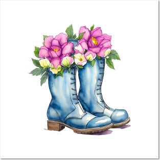 Cute Blue Boots Violet Purple Peony Bouquet Watercolor Flower Boots Drawing Posters and Art